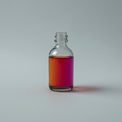 Chromatic Concoction: A clear glass bottle contains a vibrant gradient of red and purple hues, evoking a sense of mystery and scientific curiosity. 