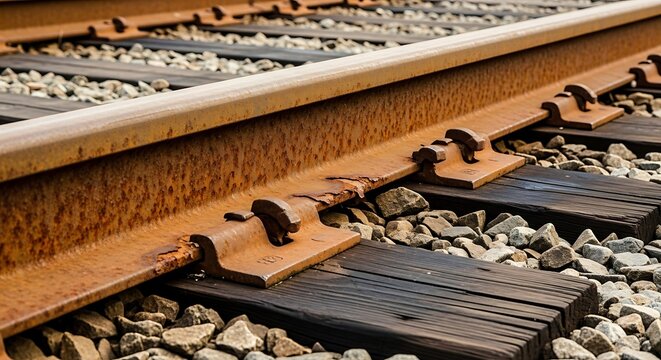 Close-up of a weathered railway track with rusty steel rails, dark wooden sleepers, and stone ballast, highlighting texture and decay. Ideal for industrial and transportation themes.