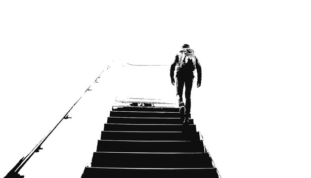 Silhouette of person ascending stairs, embodying determination and journey. Perfect for travel, adventure, or motivational campaigns, representing aspiration and upward mobility