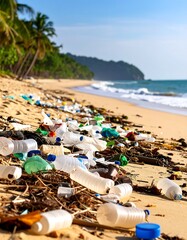 Plastic pollution litters a tropical beach, showcasing environmental damage