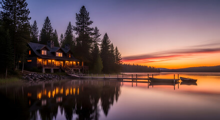 Idyllic Lakeside Cabin Retreat at Twilight: A serene escape featuring a charming cabin nestled amidst towering trees, overlooking a tranquil lake reflecting the vivid colors of the dusk sky