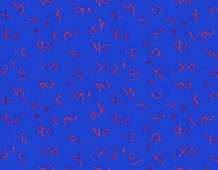 Abstract pattern of red handwritten-style characters on a vibrant blue background