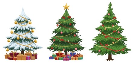 Fototapeta premium ​A hand-painted illustration of three holiday Christmas trees with gifts and classic ornaments in vibrant colors