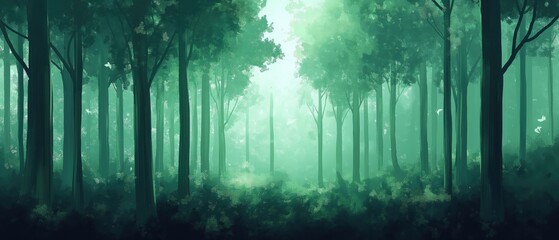 Obraz premium Enchanting emerald forest pathway in misty light