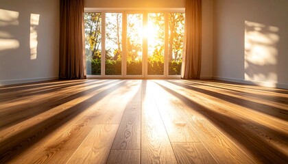 Sunlit empty room with hardwood floors and large windows showing autumnal trees