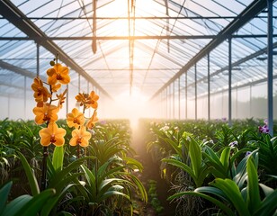 Sunlit greenhouse filled with rows of orchids, misty morning