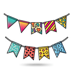 Fototapeta premium Colorful and vibrant festive bunting flags with diverse abstract patterns and bright color combinations, strung on a wire for decoration.