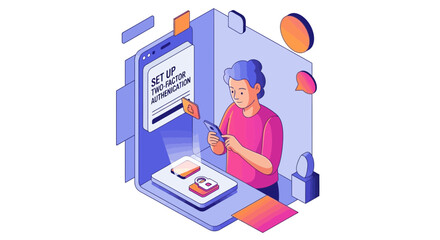 Isometric illustration of a person setting up two-factor authentication on a large smartphone for enhanced online security.