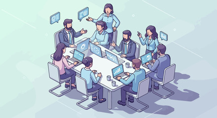 Isometric illustration of a diverse corporate team collaborating in a modern high-tech office meeting, discussing strategy around a conference table.