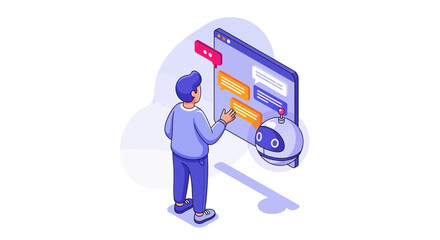 A man interacts with an AI chatbot on a digital interface, representing online customer service and virtual assistance.