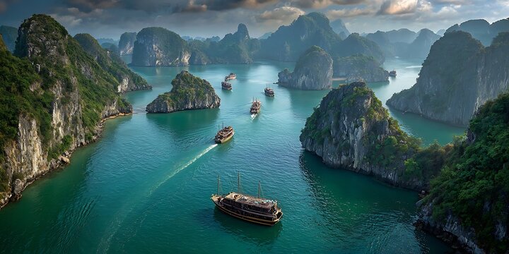 Imerald waters with boats. Travel destination, natural wonder landscape background wallpaper - Powered by Adobe