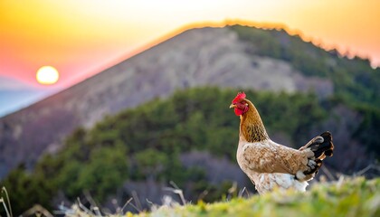Hen Silhouetted Against Sunset Mountain