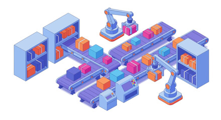 Obraz premium Isometric illustration of an automated warehouse with robotic arms and conveyor belts sorting packages for distribution.