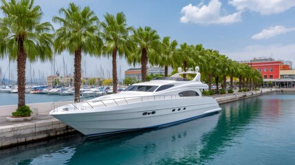 Luxury yacht moored in a marina surrounded by palm trees