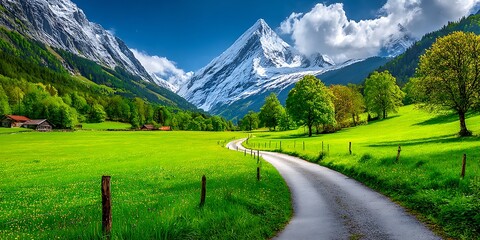 Obraz premium Mountain range with lush forest valleys and meadows, countryside landscape. Snowy mountain tops in the horizon, travel destination wallpaper background