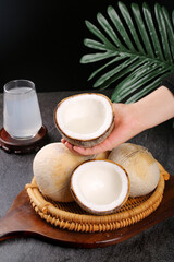 Fresh Coconut Water and Milk with Tropical Palm Leaf on Dark Background