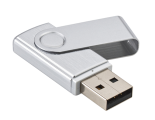 Silver Metallic USB Stick with Swivel Cover, Angled View, Isolated PNG