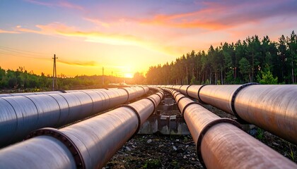 Sunset over a network of large industrial pipelines in a forest