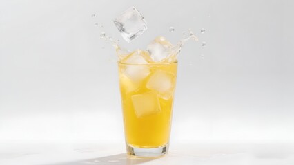 Refreshing Orange Soda Splash with Ice Cubes in Glass on White Background