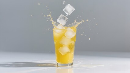 Refreshing Orange Soda Splash with Ice Cubes in Glass on White Background