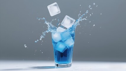 Blue Cold Drink with Ice Cubes Splashing in Glass on White Background