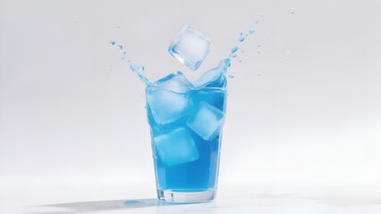 Blue Cold Drink with Ice Cubes Splashing in Glass on White Background