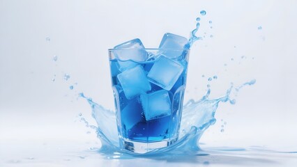 Blue Cold Drink with Ice Cubes Splashing in Glass on White Background