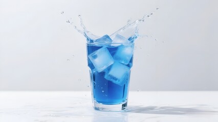 Blue Cold Drink with Ice Cubes Splashing in Glass on White Background