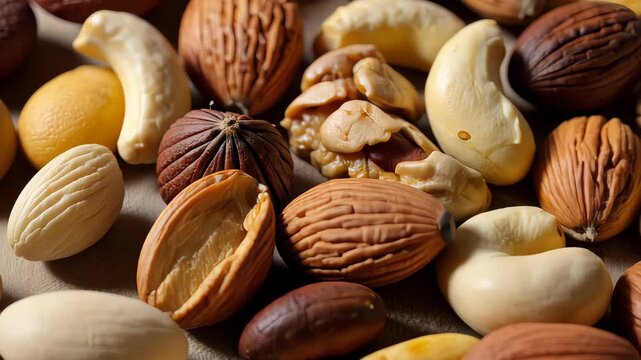 Close-up Assortment of Mixed Nuts and Seeds Featuring Cashews Walnuts and Apricot Kernels on a Rustic Surface
