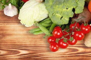 Fresh ripe vegetable and fruits, diet and health concept