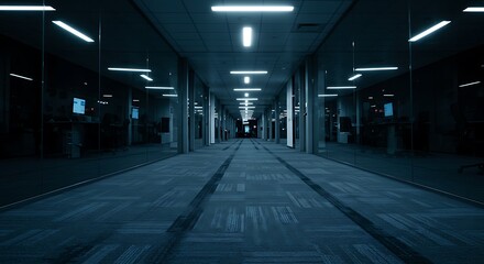 Empty Dark Hallway with Modern Architecture and Blue Lighting