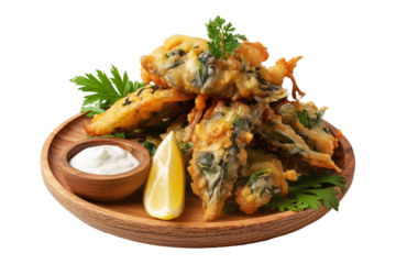 Whitebait Fritters small fish mixed with egg and fried like pancakes on wooden plate served with tartar sauce and lemon, isolated on white transparent background. Concept of New Zealand cuisine