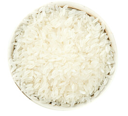 Bowl of White Uncooked Rice Grains Isolated on White Background