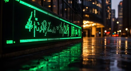 Illuminated Green Stock Market Data Display at Night in the City