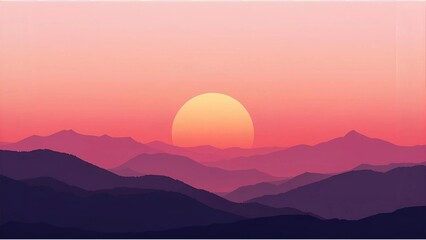 Fototapeta premium Minimalist Mountain Sunset – Serene Silhouette Landscape with Pink and Purple Gradient Sky