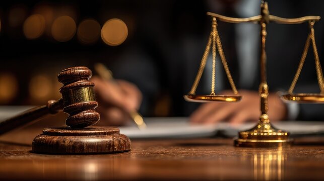 Law clerk hands courtroom documents near gavel scales concept preparation trial justice administrative legal procedure ethics performance equity governance legislation accountability records