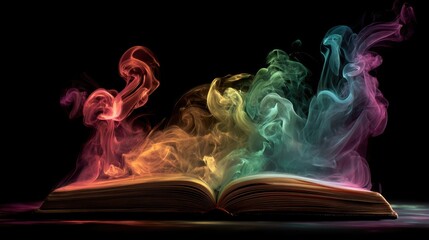 Enchanting Open Book with Colorful Smoke Swirls in a Dark Background Capturing the Essence of Imagination and Creativity