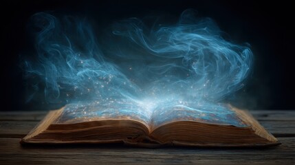 Enchanted Open Book with Wisps of Blue Smoke and Twinkling Light on a Dark Background