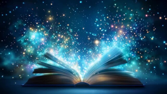 An open book releasing glowing cosmic light, symbolizing knowledge, imagination, dreams, and the magic of literature.