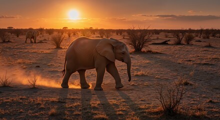 Fototapeta premium Golden-hour elephant walking across dusty savanna, warm cinematic wildlife style, themes freedom, conservation, travel promo, eco tourism, banner background, landscape horizontal