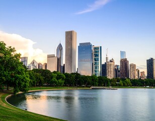 Fototapeta premium City skyline reflected in calm water