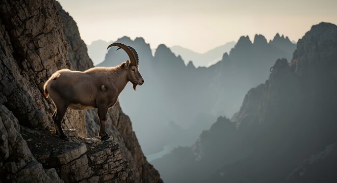 Mountain ibex standing on narrow rocky ledge above misty peaks, cinematic wildlife style, ideas resilience, altitude, travel promo, banner background for designers, landscape horizontal