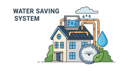 Naklejka premium Illustration of a residential water saving system collecting rainwater for conservation and reuse.