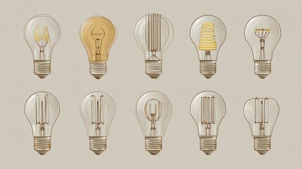 Ten retro lightbulbs with different glowing filaments, on a plain backdrop