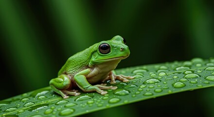 Obraz premium Vivid green tree frog resting on dewy leaf, crisp macro nature style, ideas freshness, biodiversity, education promo, banner background for designers, landscape horizontal