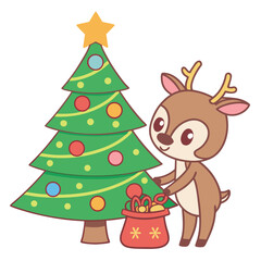 Fototapeta premium Adorable Deer Decorating a Christmas Tree with a Gift Bag holiday decoration