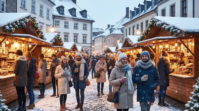 Festive European Christmas Market in Winter Snow