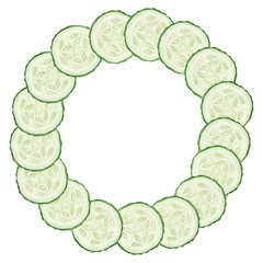 Wreath of round cucumber slices on white background. Hand drawn watercolor illustration for cookbooks, packaging, menus, healthy food design, educational materials and kitchen decor.