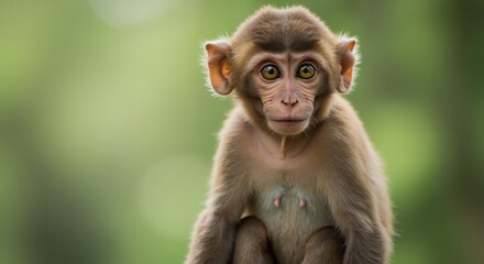 Fototapeta premium Curious baby monkey looking at camera against soft green bokeh, gentle wildlife portrait style, concepts innocence, learning, education promo, banner background for designers, landscape horizontal