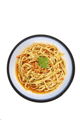 Fresh Pasta Linguine with Sauce and Herbs in Bowl on White Background